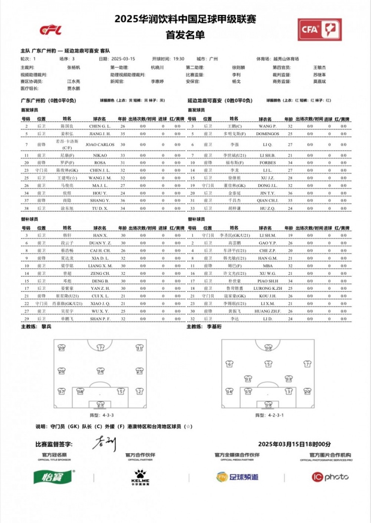  廣州豹vs延邊龍鼎首發(fā)：卡洛斯、羅薩、尼康三外援領銜廣州豹