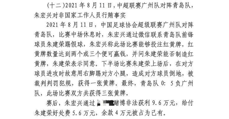  網傳判決書：青島球員朱建榮故意踢對方小腿，染黃收5.6萬好處費